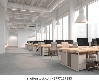 Modern empty open plan office interior. Bright, minimalist workspace with desks, computers, chairs, large windows.