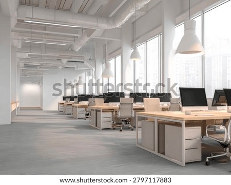 Modern empty open plan office interior. Bright, minimalist workspace with desks, computers, chairs, large windows.