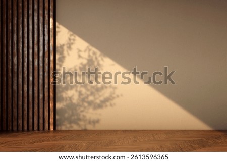 Modern empty room with sunlight and tree shadow. Interior background mockup with beige plaster wall and wooden floor. Minimalist living room scene.