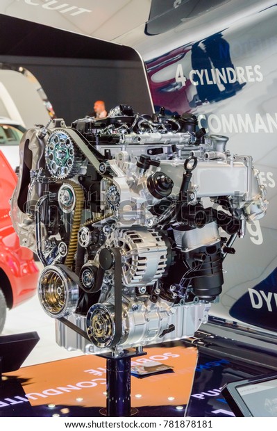 Modern engine at Paris Auto Motor Show. Paris,\
France - October 5, 2014