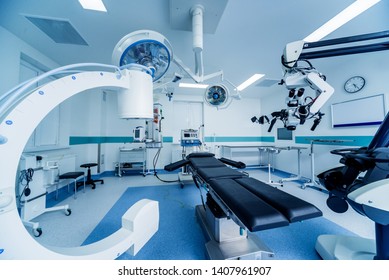 Modern equipment in operating room. Medical devices for neurosurgery. Background