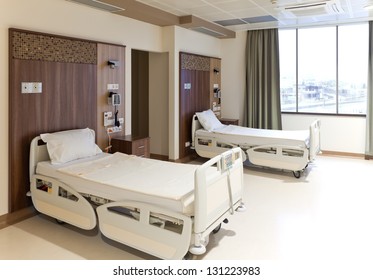 Modern equipped hospital room with two empty beds