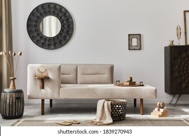 Modern Ethnic Living Room Interior With Design Chaise Lounge, Round Mirror, Furniture, Carpet, Decoration, Stool And Elegant Personal Accessories. Template. Stylish Home Decor.
