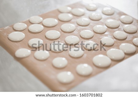 Modern european dessert. cooking, baking and confectionery concept. Process of making macaron macaroon, french dessert, Food industry, mass or volume production.