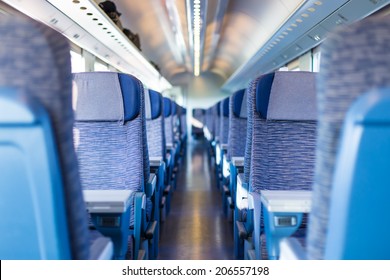 Modern European Economy Class Fast Train Interior. Inside Of High Speed Train Compartment.