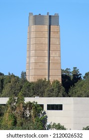 The modern Exhaust ventilation stack for M5 motorway tunnel. Located in Turrella Reserve at Undercliffe