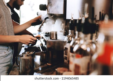 A Modern Expensive Coffee Machine Is Shown In Work In  Modern Cozy Coffee Shop.