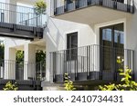 Modern Facade Building with Modern Balcony of Multifamily Low rise Apartment Building and Bridge between Houses. Residential Building Exterior Design of Modern Homes and Town houses.