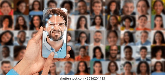 Modern face recognition technology in use for identification with smartphone