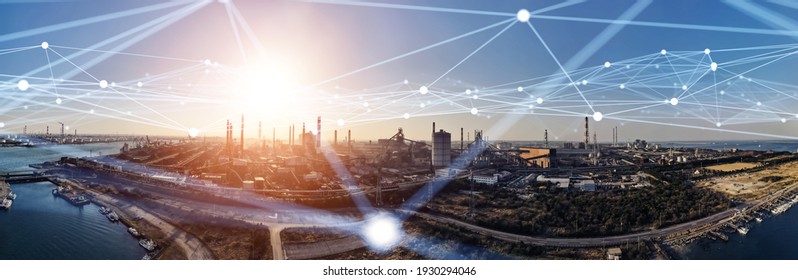 Modern factory and communication network concept. Telecommunication. IoT (Internet of Things). ICT (Information communication Technology). 5G. Smart factory. Digital transformation.
