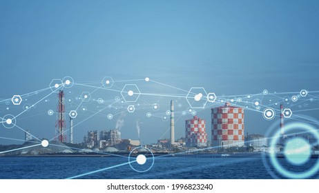 Modern Factory And Communication Network Concept. Telecommunication. IoT (Internet Of Things). ICT (Information Communication Technology). 5G. Smart Factory. Digital Transformation.