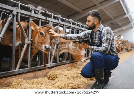 Modern farmer using digital tablet and stroking cow in stable on dairy farm, demonstrating connection between technology and animal care