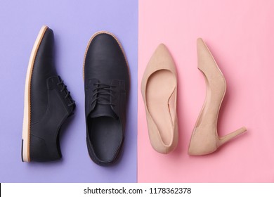 modern fashionable classic shoes, men's and women's shoes on a colored background top view.

