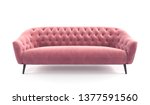 Modern fashionable stylish pink sofa with carriage stitch, buttons, with legs on isolated white background. Furniture, interior object, stylish sofa. Romantic female sofa. 