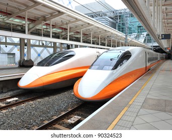 Modern And Fast Commuter Train Inside The Railway Station In Taipei.