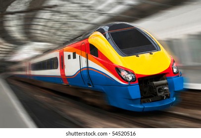 Modern Fast Passenger Speed Train In The Station With Motion Blur