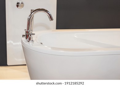 Modern Faucet Controls At Oval Shape Stand Alone Bathtub