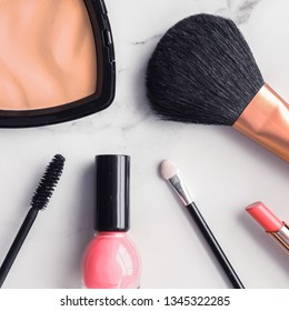 Modern feminine lifestyle, blog background and styled stock concept. Beauty and  fashion inspiration - Make-up and cosmetics flatlay on marble