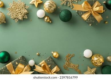 Modern festive spirit. Top view shot showcasing ribbon-wrapped presents, opulent baubles, reindeer and snowflake details, golden sequins against green background with space for personalized wishes - Powered by Shutterstock