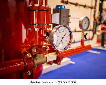 Modern fire protection system. Fire protection system in red. Flame extinguishing apparatus at enterprise. Indoor flame detection and extinguishing. Fire prevention equipment. Pressure Sensors - Shutterstock ID 2079971002