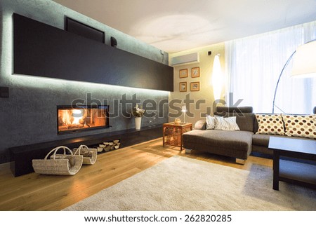 Modern fireplace in cozy luxury drawing room