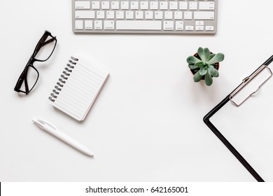 Modern Flat Lay With Office Items On White Desk Background Top View Mockup