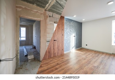 Modern flat room with stylish design as concept of before and after reconstruct renovation, comparison of upgraded remodeling in comfortable flat bedroom during rework in real estate. - Shutterstock ID 2144895019