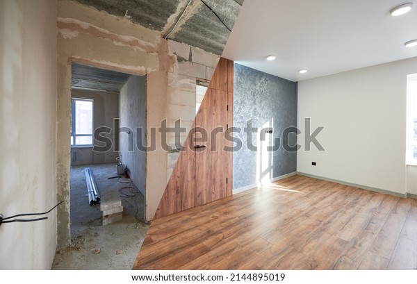 Modern flat room with stylish design as concept\
of before and after reconstruct renovation, comparison of upgraded\
remodeling in comfortable flat bedroom during rework in real\
estate.