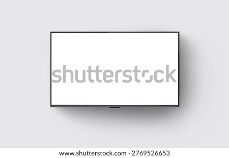 Modern flat screen TV mounted on a clean white wall. Ideal for content regarding home theater setups, interior decorating ideas, smart home technology, and modern urban living. mockup, screen, 