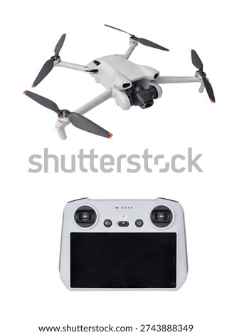 Modern foldable drone with camera and remote controller isolated on white background.