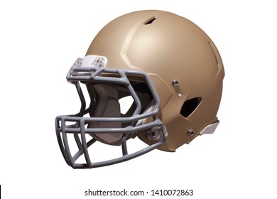 Modern Football Helmet In Gold Isolated On A White Background