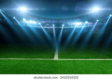 Modern football stadium with green lawn and blue spotlight. Soccer background. Football champions - Powered by Shutterstock