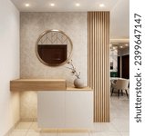 Modern foyer design with light wood and white color storage, round mirror,rafters, vase, and wallpaper. 3d render interior mock-up.