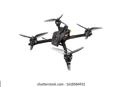 Modern FPV drone on a white background. Four-engine aircraft on the radio control. Drone for racing, filming and entertainment.