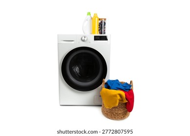 Modern front-loading washing machine isolated on white background. A laundry basket with colorful clothes on a washing machine. Laundry accessories. Washing powder, fabric softener. Laundry capsules