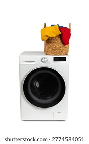 Modern front-loading washing machine isolated on white background. A laundry basket with colorful clothes on a washing machine. Laundry accessories. Washing powder, fabric softener. Laundry capsules