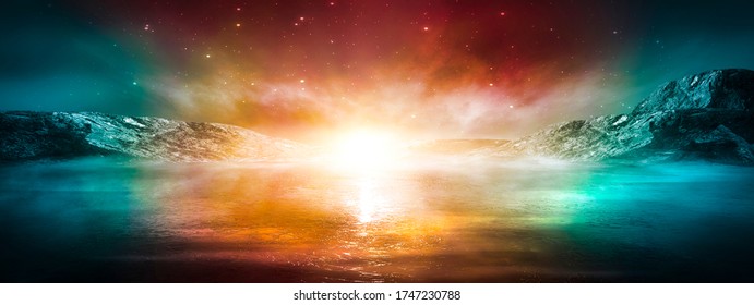 Modern futuristic fantasy night landscape with abstract islands and night sky with space galaxies. Multicolor neon glow. Reflection of light in water, stars. Empty scene, landscape.