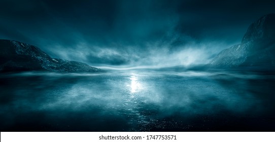 Modern futuristic fantasy night landscape with abstract islands and night sky with space galaxies. Multicolor neon glow. Reflection of light in water, stars. Empty scene, landscape. - Shutterstock ID 1747753571