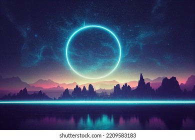 Modern futuristic fantasy night landscape with abstract islands and night sky with space galaxies