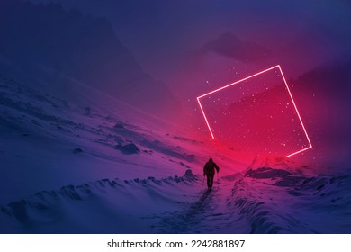 Modern futuristic neon abstract background. Large square glowing red object in the center and lonely man walking in the snow mountain. Dark scene with neon light fantastic star gate - Powered by Shutterstock