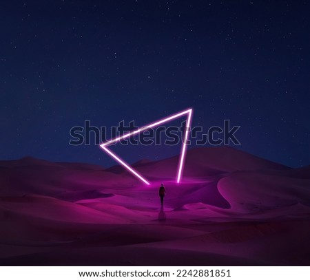 Modern futuristic neon abstract background. Large triangle glowing purple object in the center of sand dune and lonely woman silhouette walking in the desert. Dark scene with neon light star gate