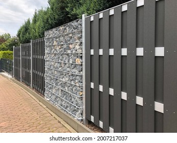  Modern Gabion Wall System With Stones As Element Of Garden Or House Wooden Metal Fence