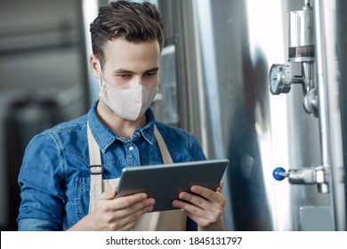 Modern gadgets for work in small brewery. Busy attractive male worker in apron and protective mask look at digital tablet and management equipment in interior of brewery with big metal tanks on plant