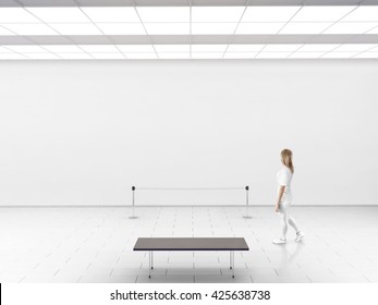 Modern Gallery Wall Mockup. Woman Walk In Museum Hall With Blank Wal, Fence, Bench. White Clear Stand Mock Up Show. Display Artwork Presentation. Art Design Empty Floor. Expo Studio Wall In Center.