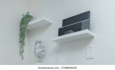Modern gaming setup includes a wireless keyboard, headphones, and a decorative plant on sleek white shelves against a light-colored wall