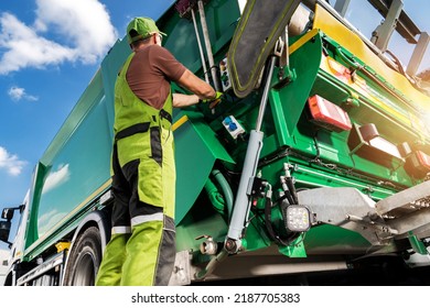 Modern Garbage Truck and Caucasian Waste Collector Worker. Waste Sorting and Management Theme. - Shutterstock ID 2187705383