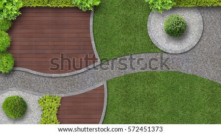 modern garden design with terrace in top view
