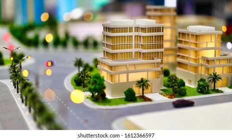 Modern Generic Contemporary Style Miniature Model Of Glass Buildings And Streets With Tilt-shift Focus Technique