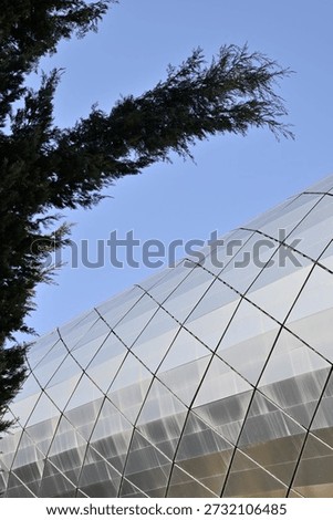 Modern geodesic dome with triangular glass panels under blue sky, framed by tree branches; contemporary architecture and sustainability concept.