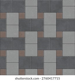Modern geometric paving block pattern with a mix of dark grey, light grey, and brown accents. Seamless concrete tile texture for outdoor flooring design